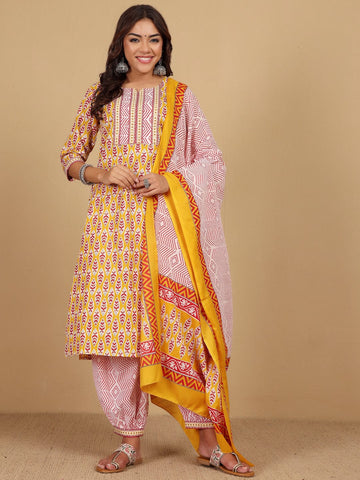 Varanga Women Ethnic Jaipuri Printed Angrakha with Salwar & Dupatta